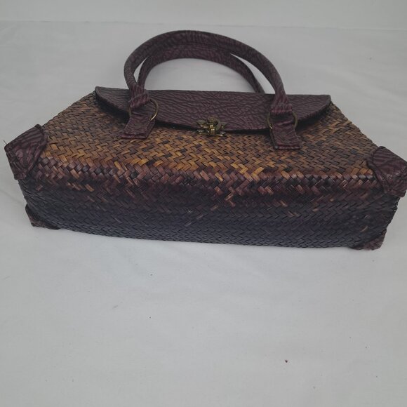 Vintage Straw and Faux Leather Purple Tan Bag - Picture 7 of 16